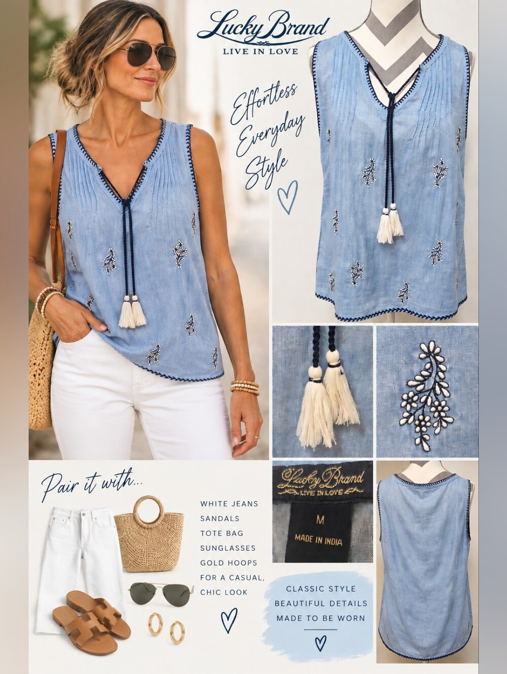 Lucky Brand Embroidered Chambray Tunic Top Blue Medium Boho Tassel